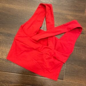 NEW BIONDO RED CROP TOP CRISSCROSS CUTOUT BACK SZ S DESIGNER LIPSTICK TRUE RED